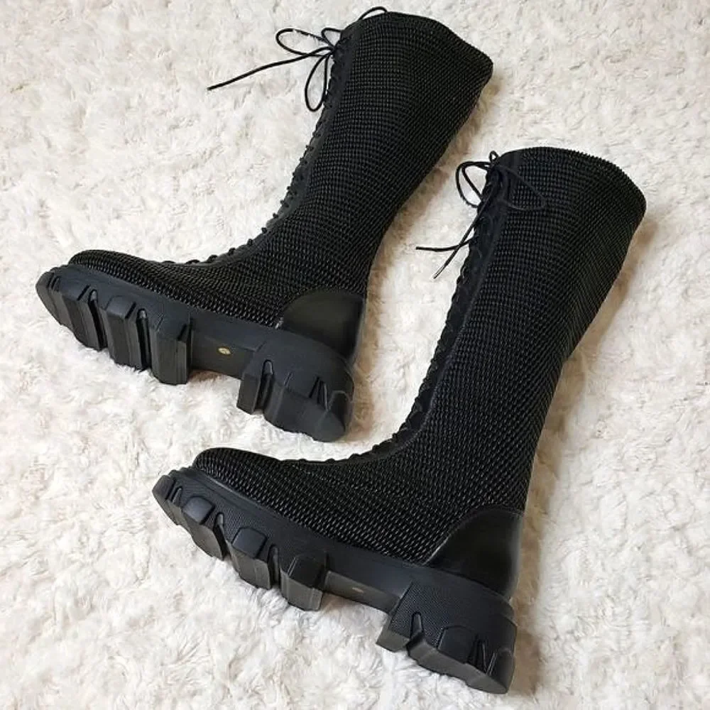 NWOT Front Lace-Up Woven Stretchy Platform Alternative Punk Goth Edgy Boots